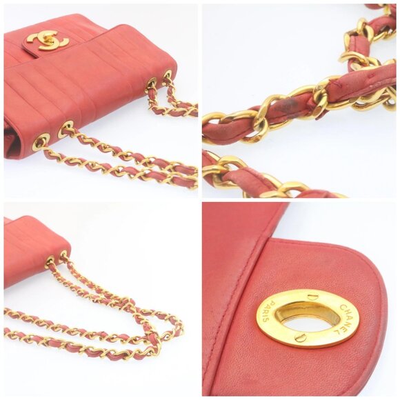 CHANEL Mademoiselle Big Coco Double Chain Shoulder Bag Lamb Skin Red Auth 29129A - Picture 16 of 16
